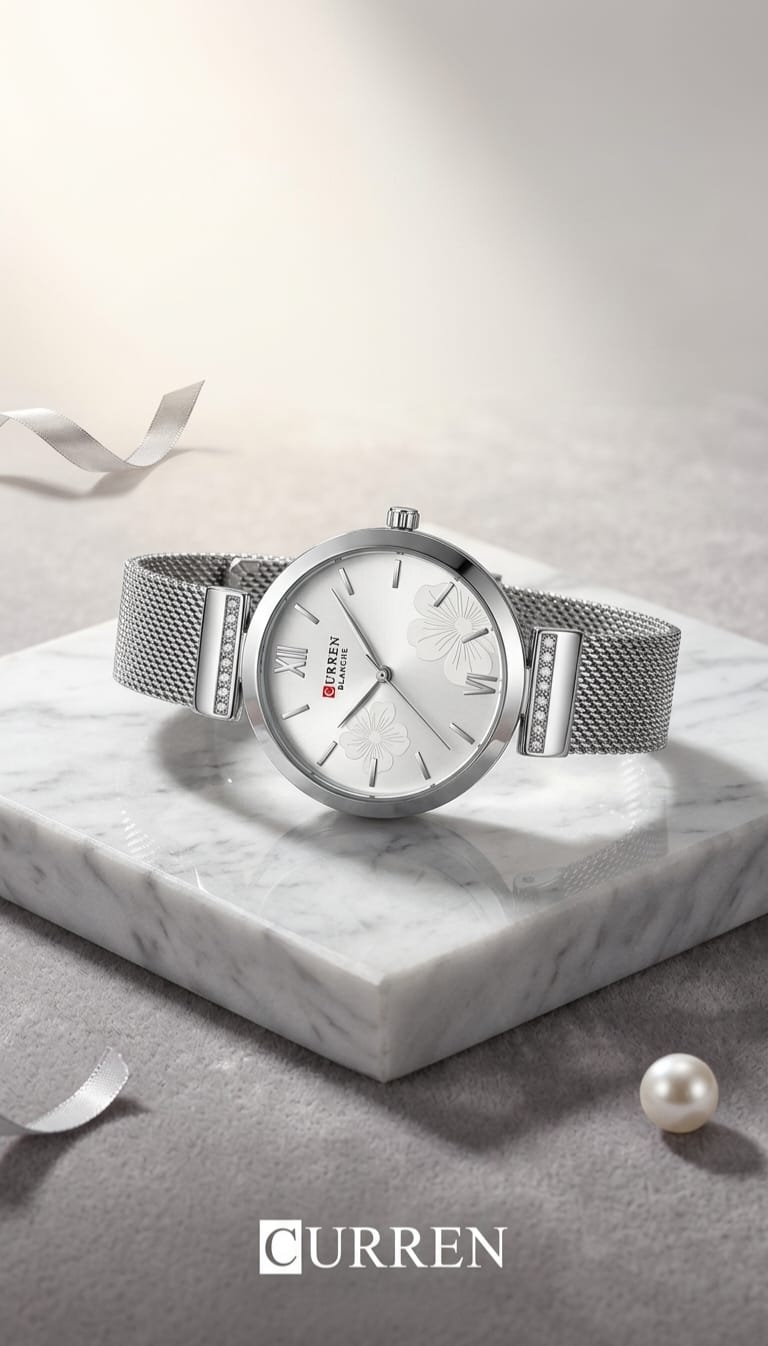 Curren Watch 01 — silver mesh bracelet with floral dial