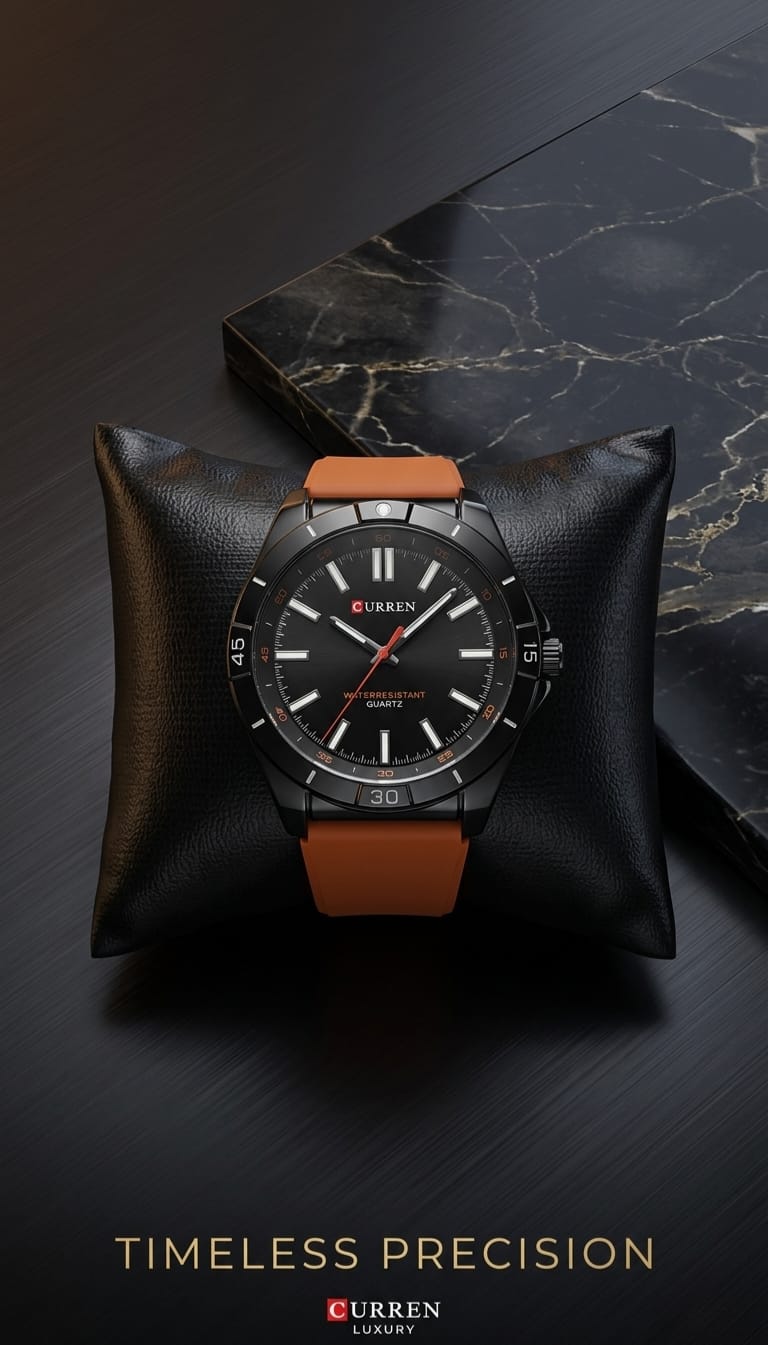 Curren Watch 04 — black case with orange silicone strap