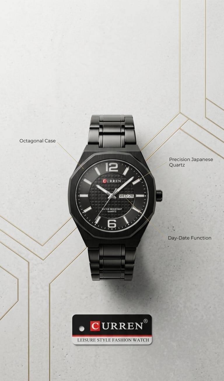 Curren Watch 07 — matte black octagonal case with day-date