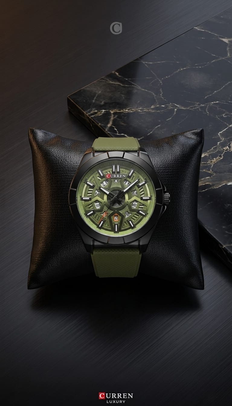 Curren Watch 08 — black case with olive green skeleton dial